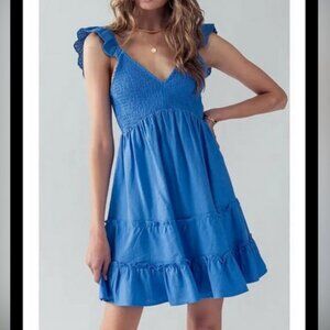 Love Tree Blue Linen Blend Smocked Sun Dress L